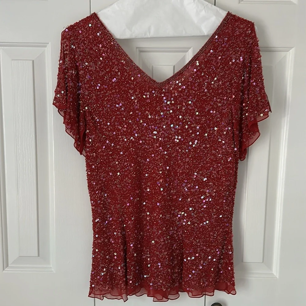 Vintage Papell Boutique Top 1X, Red Silk Embellished V Plunge, Flutter Sleeves - Picture 4 of 8